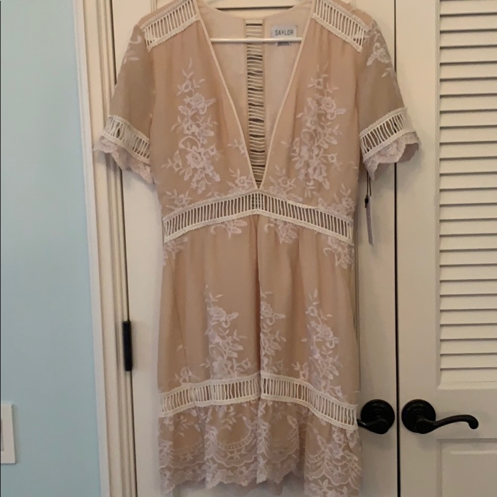 Peach and white mini dress with lace